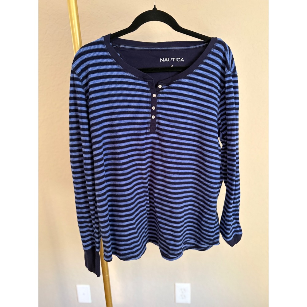 Nautica Womens Blue Striped Waffle Knit Henley Size L Capsule Coastal Nautical